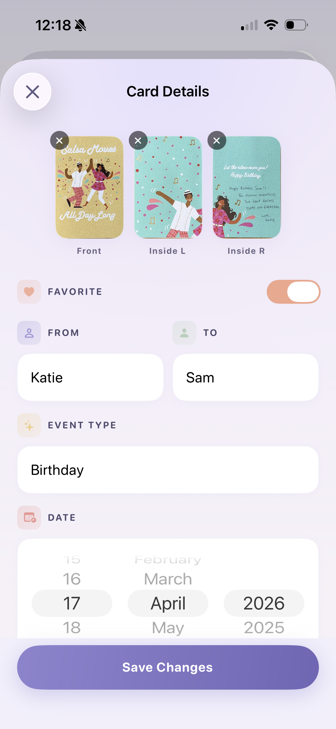 Viewing greeting card details in Keepi Cards on iPhone